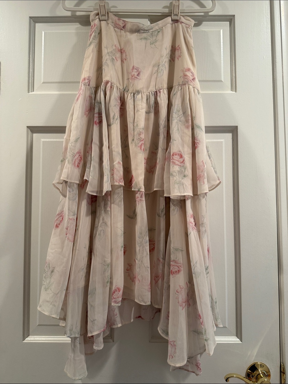 LoveShackFancy Blush Floral High-Low Tiered Maxi Skirt